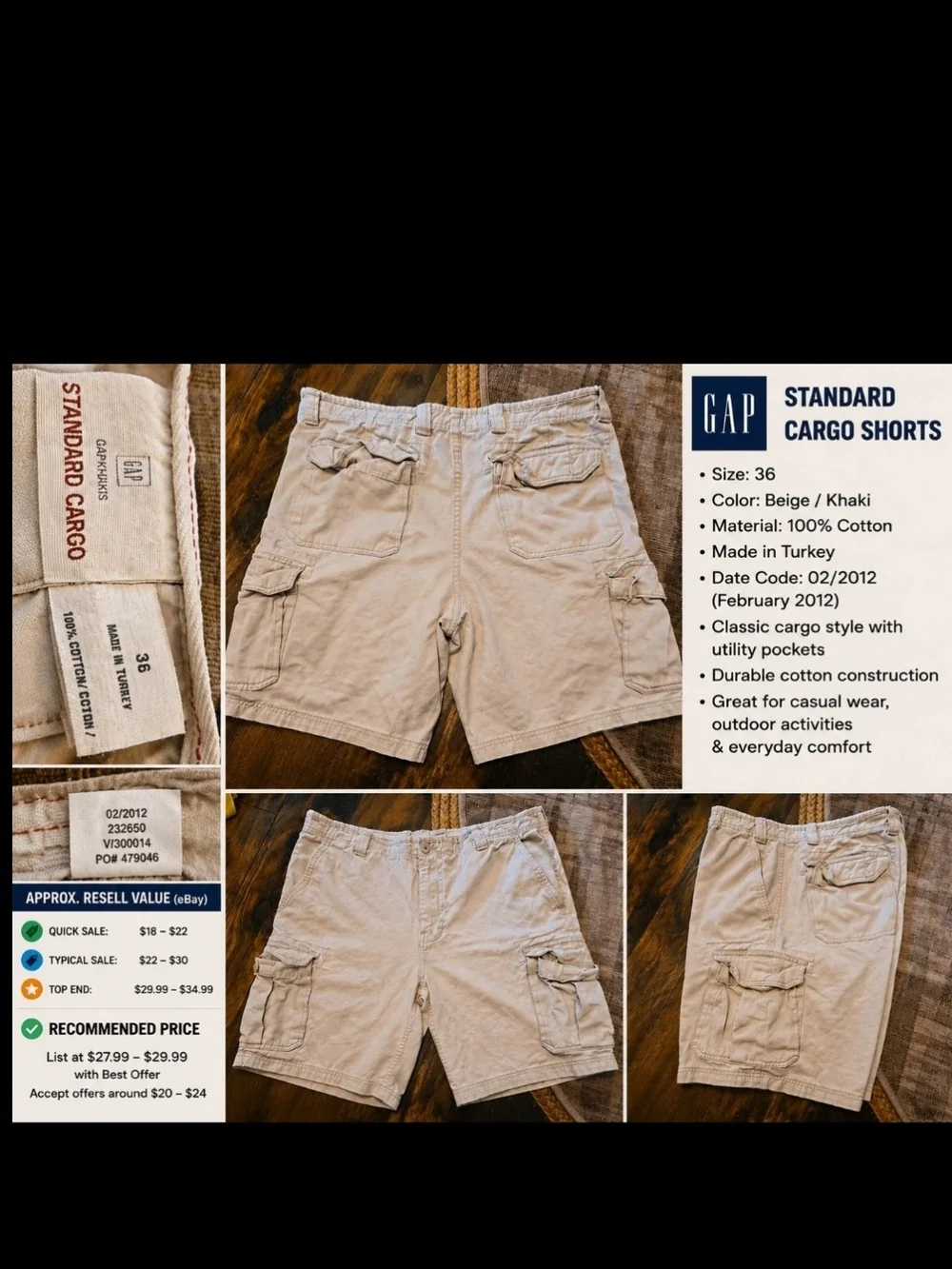 GAP Men’s Khaki Cargo Shorts - Beige/Tan Utility Style